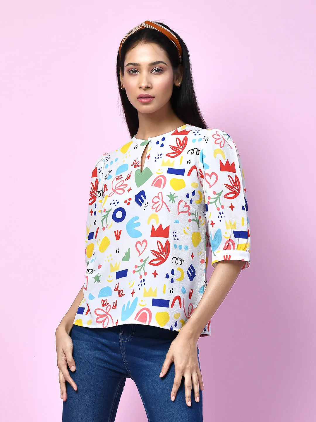 White Quirky Printed Puff Sleeve Top