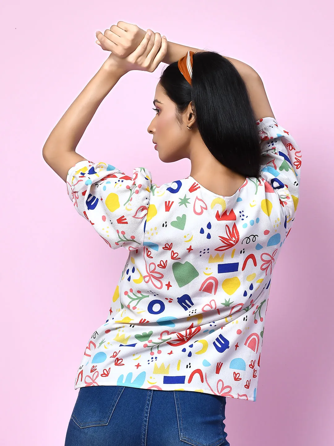White Quirky Printed Puff Sleeve Top