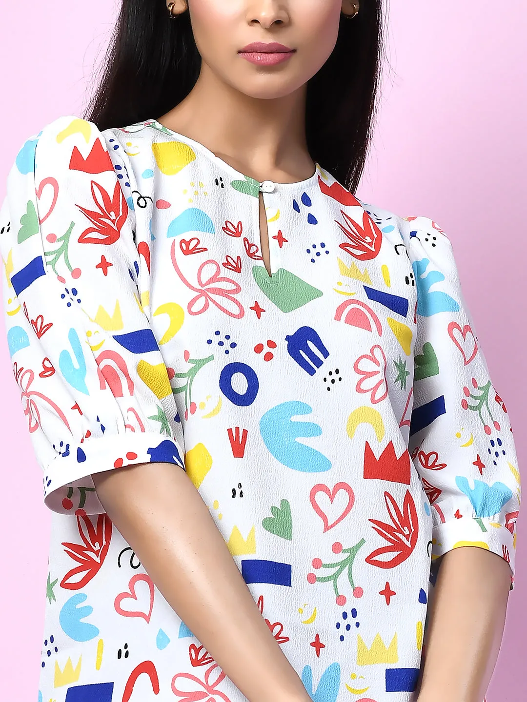 White Quirky Printed Puff Sleeve Top