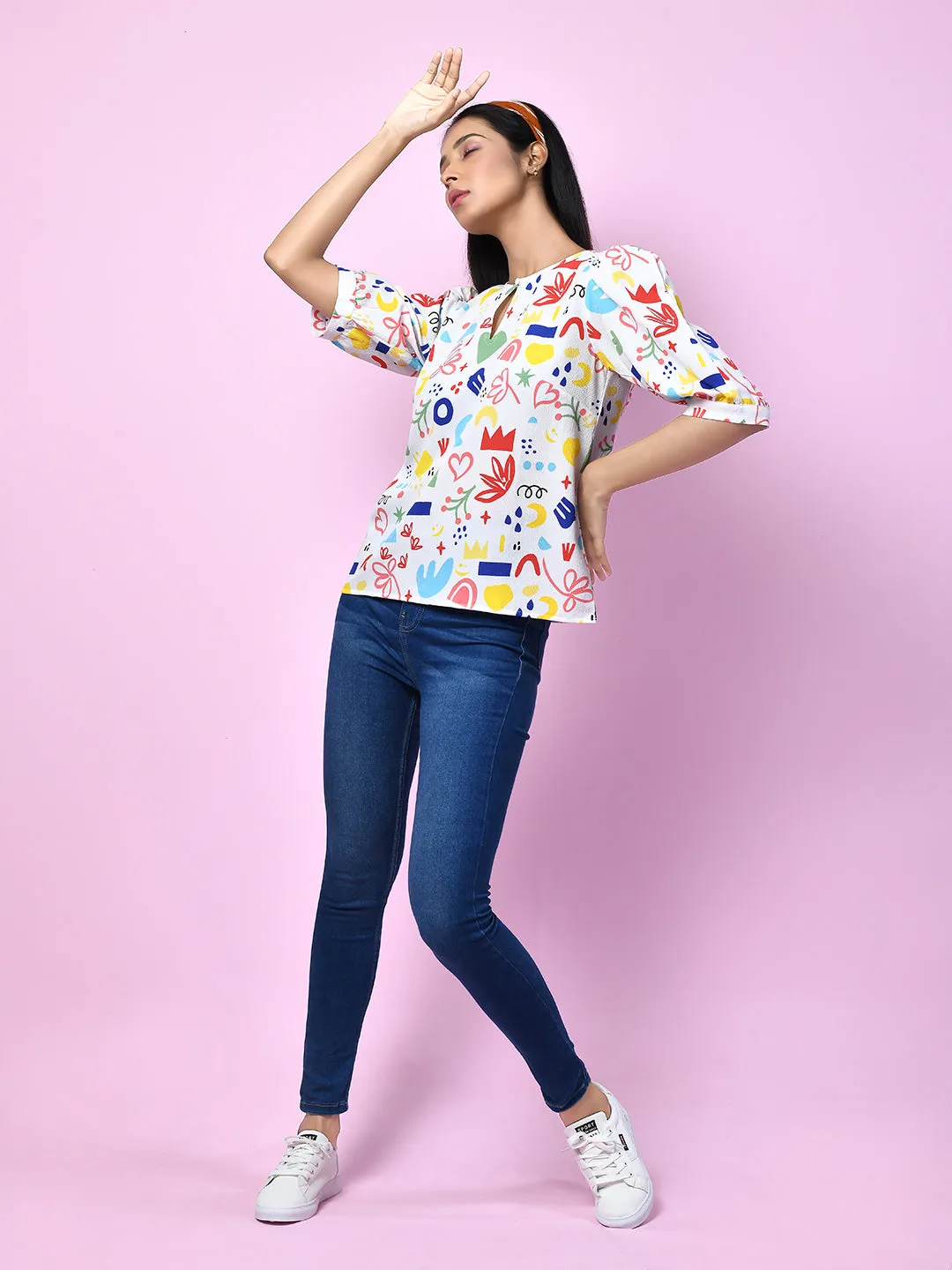 White Quirky Printed Puff Sleeve Top