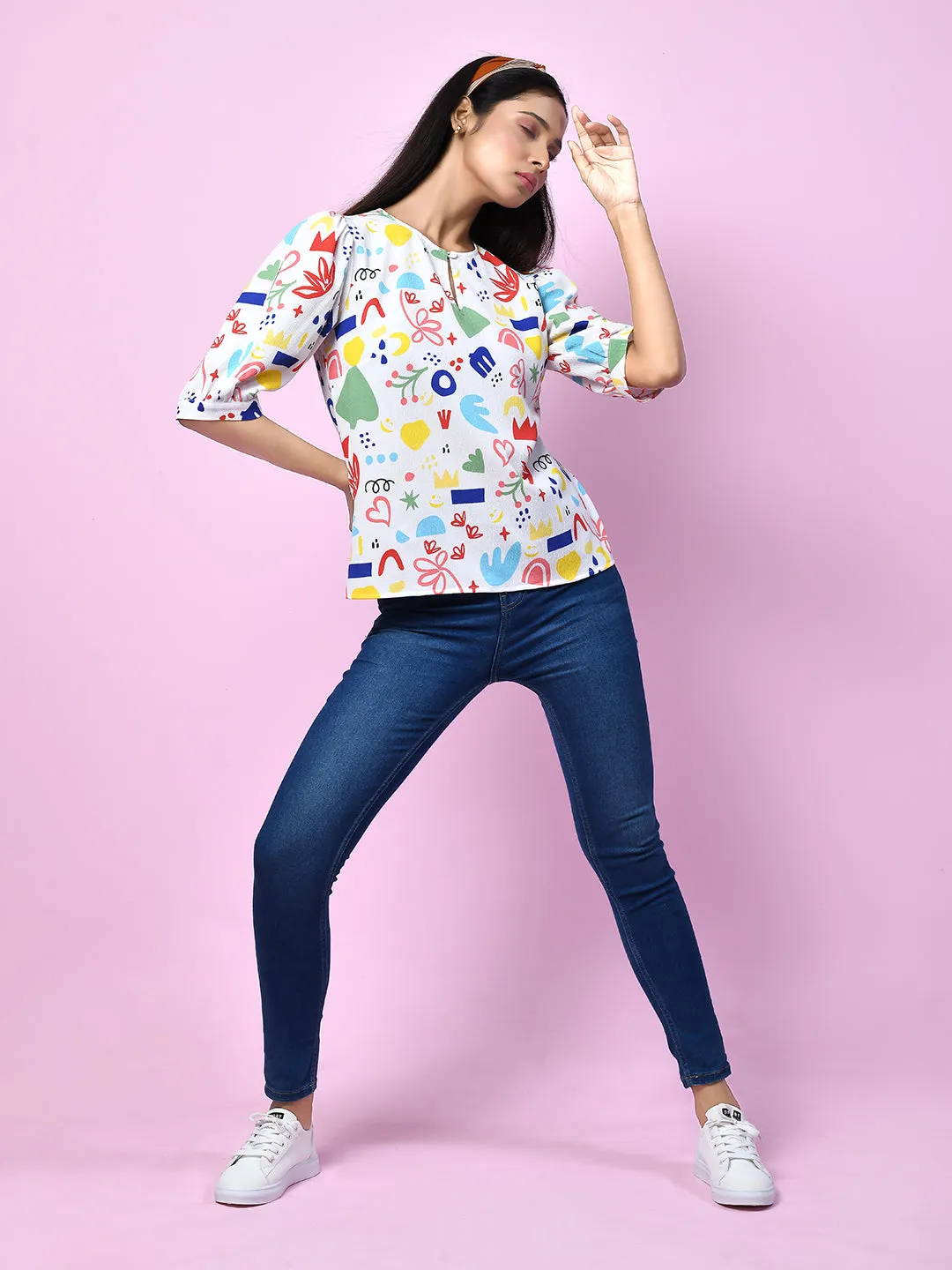 White Quirky Printed Puff Sleeve Top