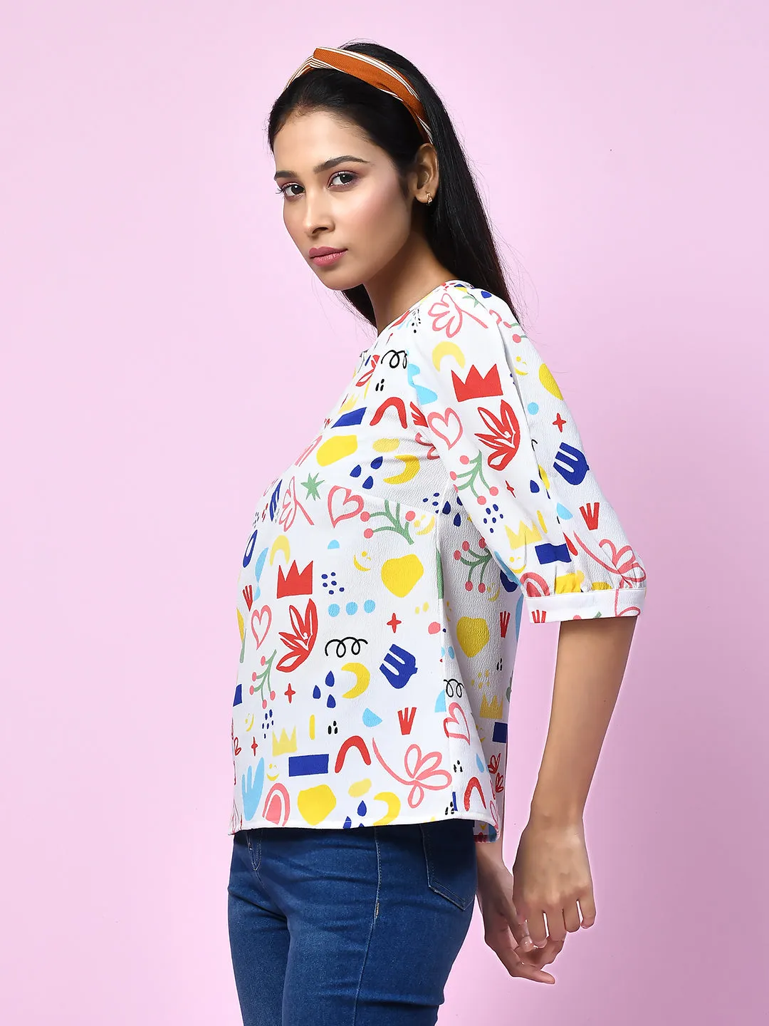 White Quirky Printed Puff Sleeve Top
