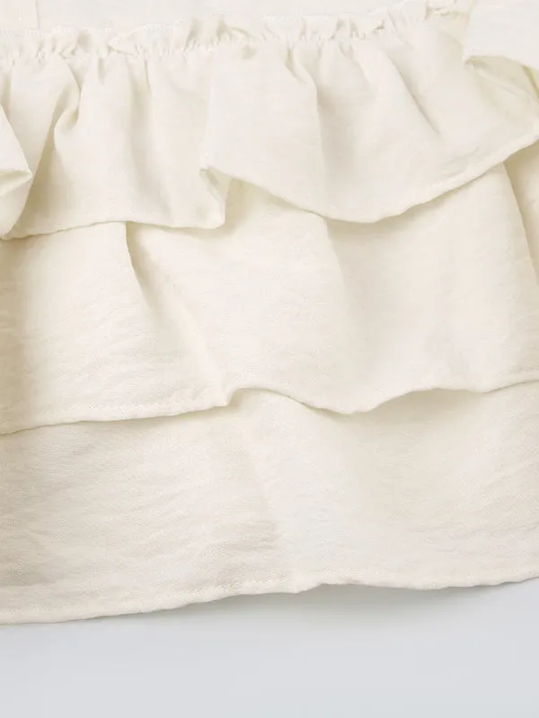 White Sweet Wrap Ruffle Mini Skirt with Lace Hem and Tiered Inserts
