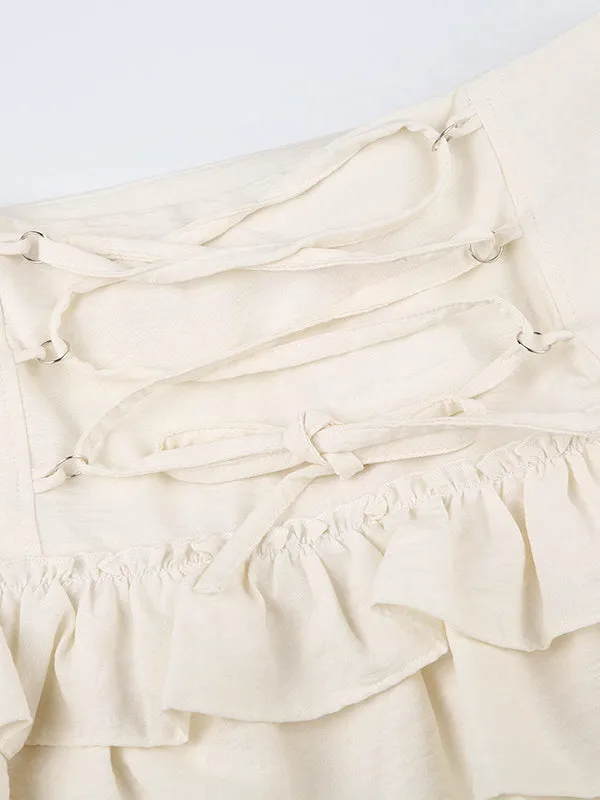 White Sweet Wrap Ruffle Mini Skirt with Lace Hem and Tiered Inserts