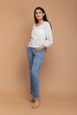 White Top in Textured Cotton with Chambray Blue Pants in Hand Loom Cotton from Sambalpur (Set of 2)