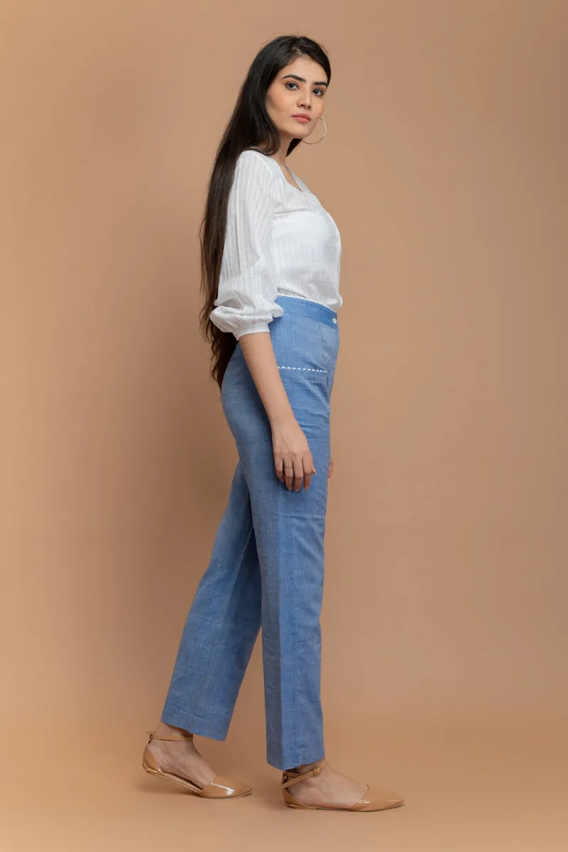 White Top in Textured Cotton with Chambray Blue Pants in Hand Loom Cotton from Sambalpur (Set of 2)