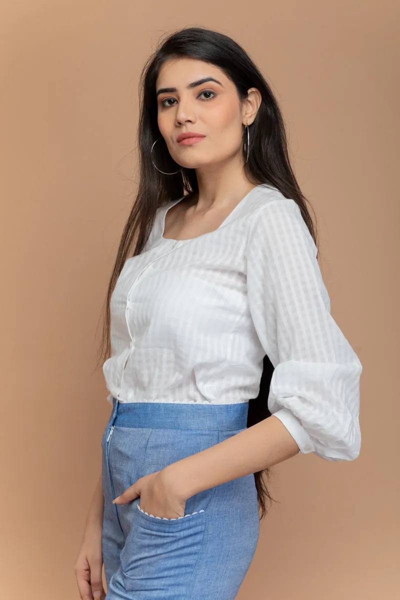 White Top in Textured Cotton with Chambray Blue Pants in Hand Loom Cotton from Sambalpur (Set of 2)