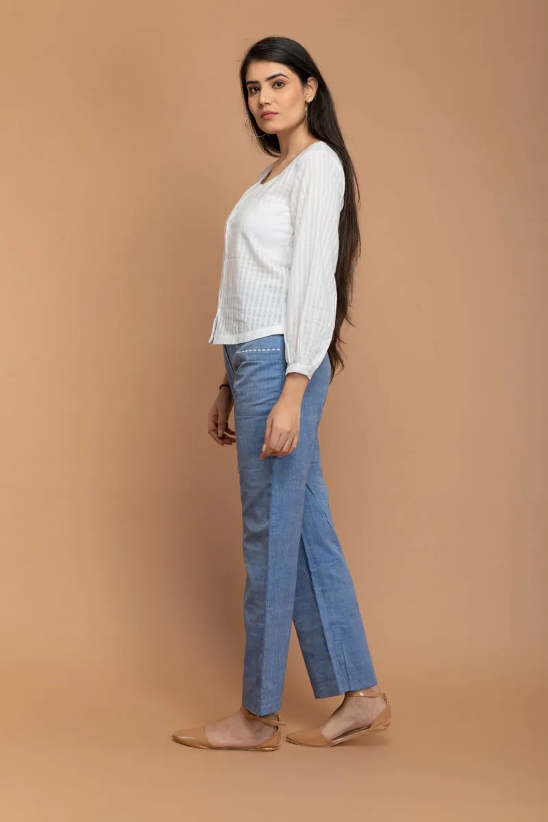 White Top in Textured Cotton with Chambray Blue Pants in Hand Loom Cotton from Sambalpur (Set of 2)