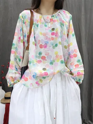 Women Artsy Summer Floral 100%Ramie O-Neck Shirt