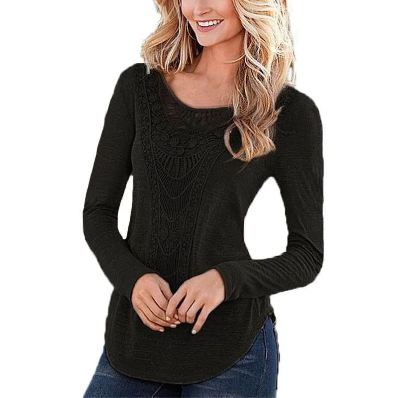 Women Blouses Long Sleeve O Neck Hollow Out Casual Slim Fit Shirts Leisure Solid Tee Tops Plus Size