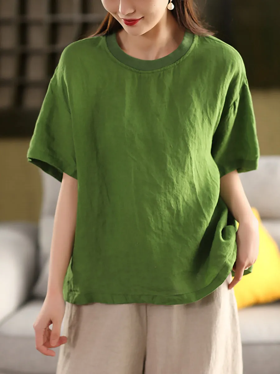 Women Casual Summer O-Neck Pure Color 100%Linen Shirt