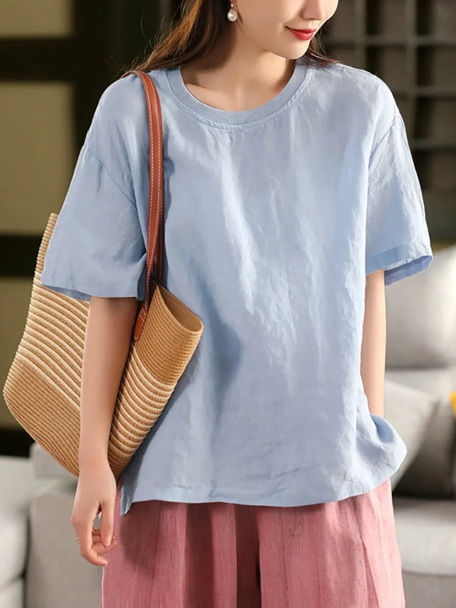 Women Casual Summer O-Neck Pure Color 100%Linen Shirt