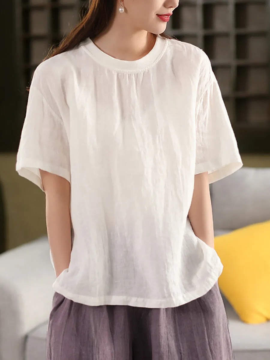 Women Casual Summer O-Neck Pure Color 100%Linen Shirt