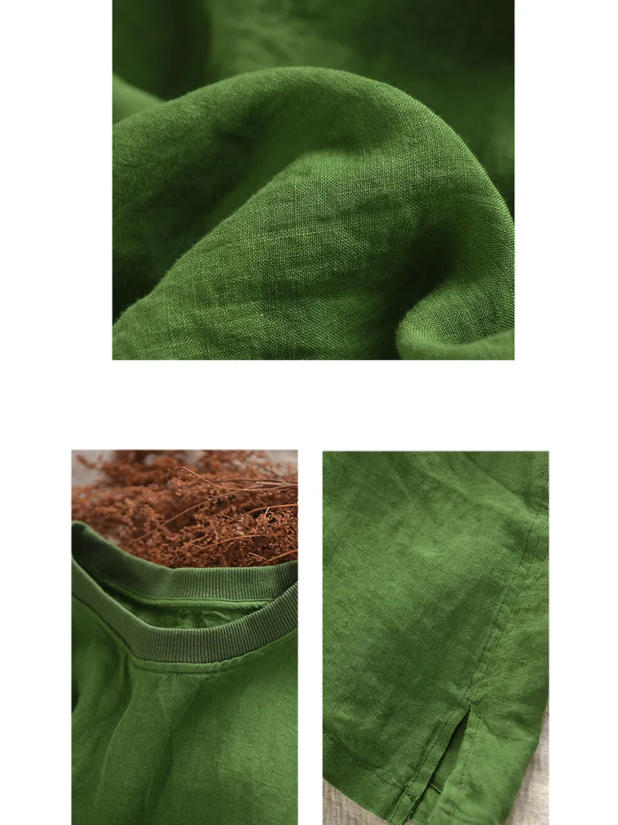 Women Casual Summer O-Neck Pure Color 100%Linen Shirt