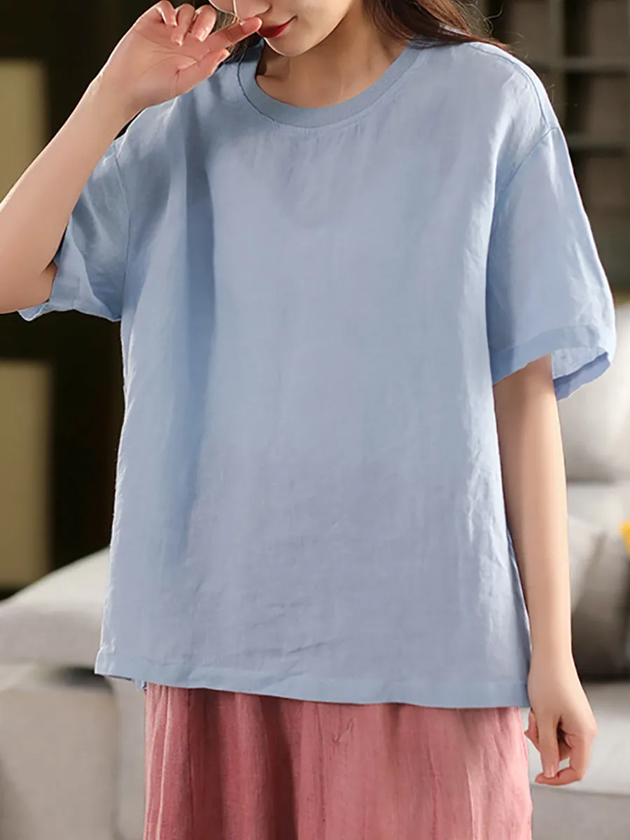 Women Casual Summer O-Neck Pure Color 100%Linen Shirt