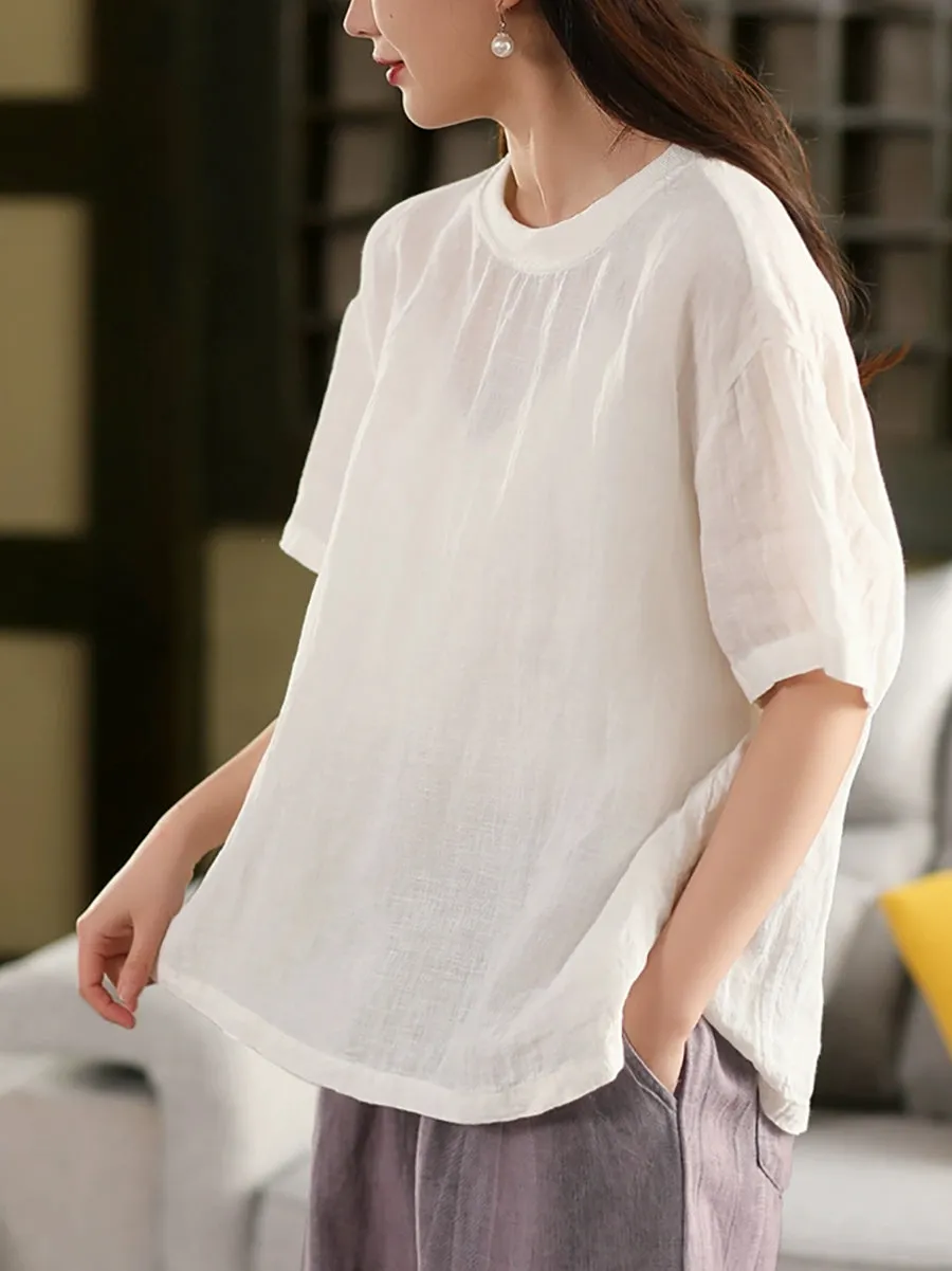 Women Casual Summer O-Neck Pure Color 100%Linen Shirt