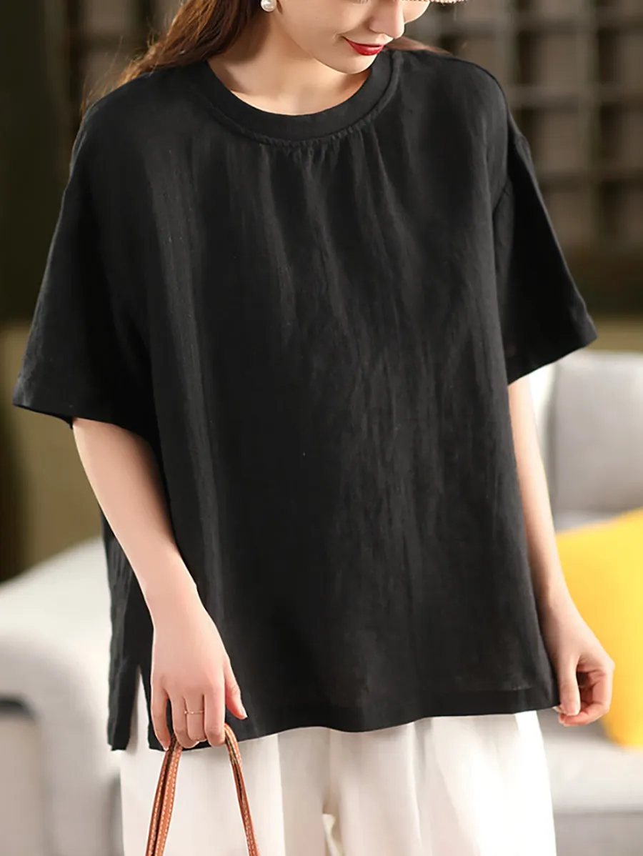 Women Casual Summer O-Neck Pure Color 100%Linen Shirt
