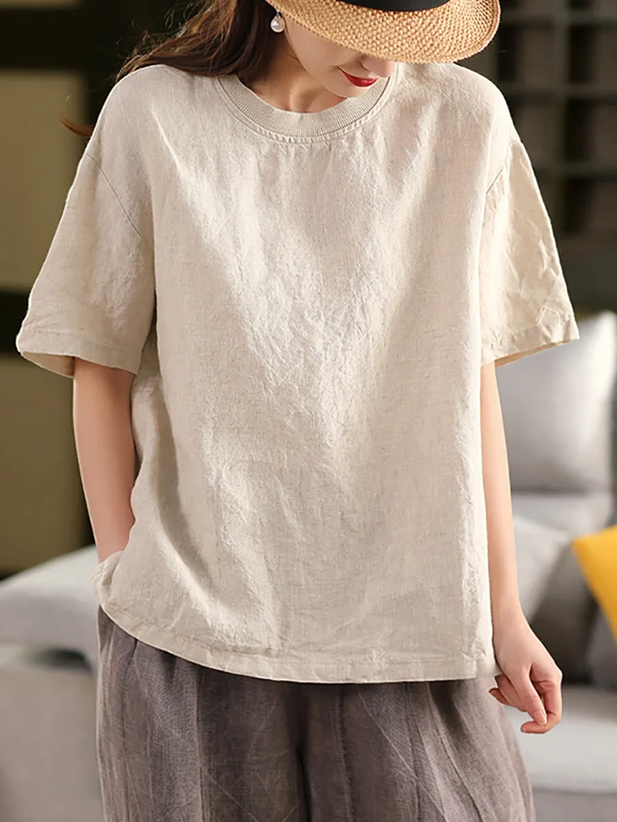 Women Casual Summer O-Neck Pure Color 100%Linen Shirt