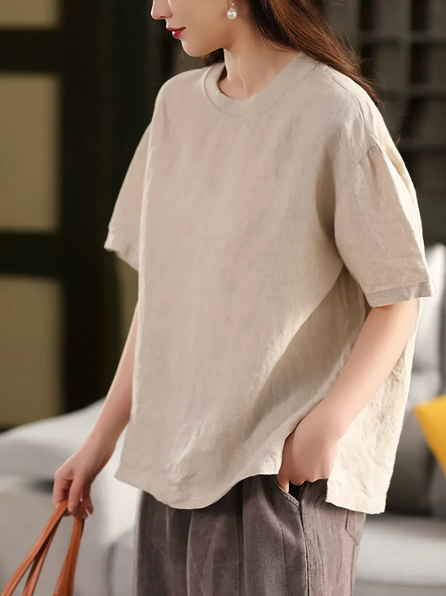 Women Casual Summer O-Neck Pure Color 100%Linen Shirt