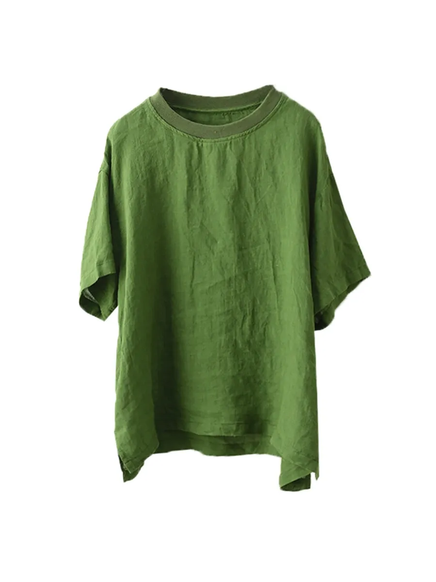 Women Casual Summer O-Neck Pure Color 100%Linen Shirt
