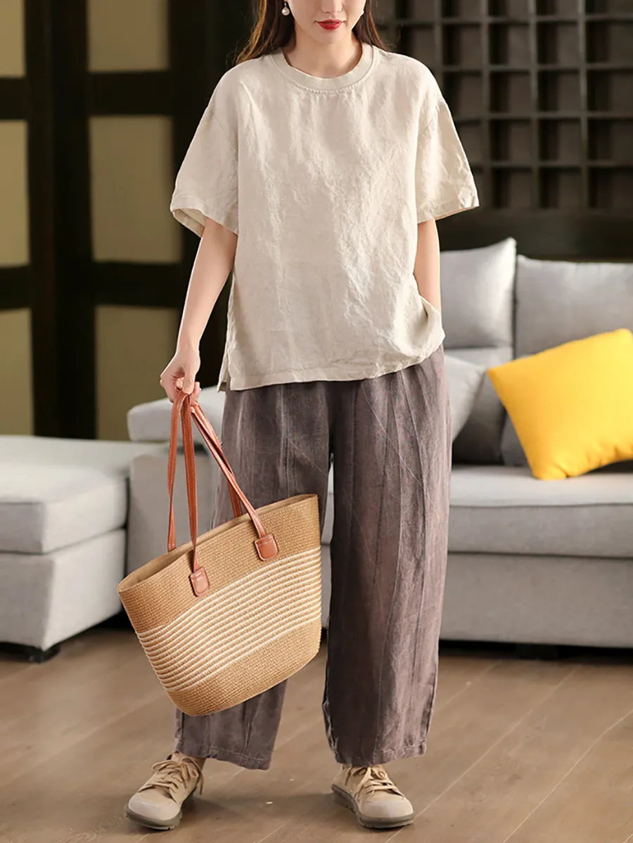Women Casual Summer O-Neck Pure Color 100%Linen Shirt