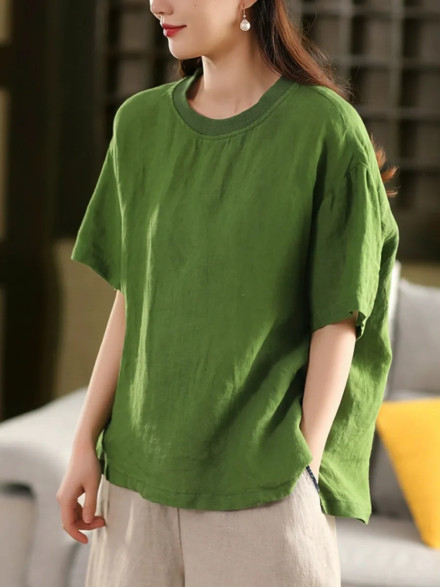 Women Casual Summer O-Neck Pure Color 100%Linen Shirt