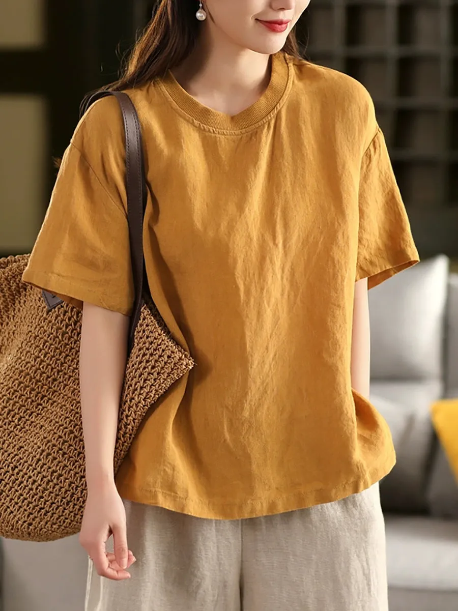 Women Casual Summer O-Neck Pure Color 100%Linen Shirt