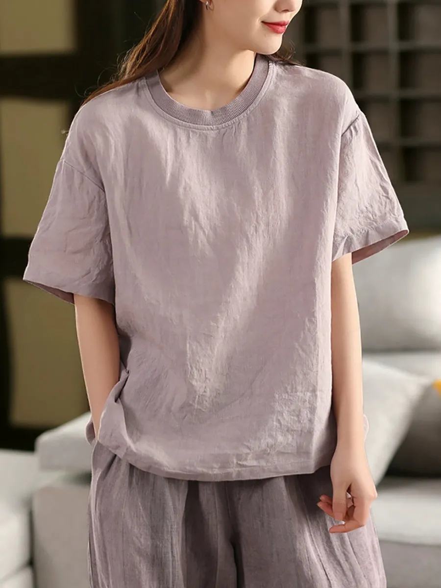 Women Casual Summer O-Neck Pure Color 100%Linen Shirt