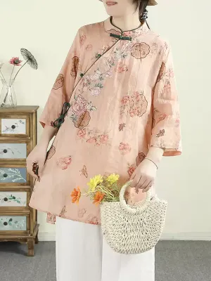 Women Ethnic Spring Flower Stand Collar Ramie Shirt
