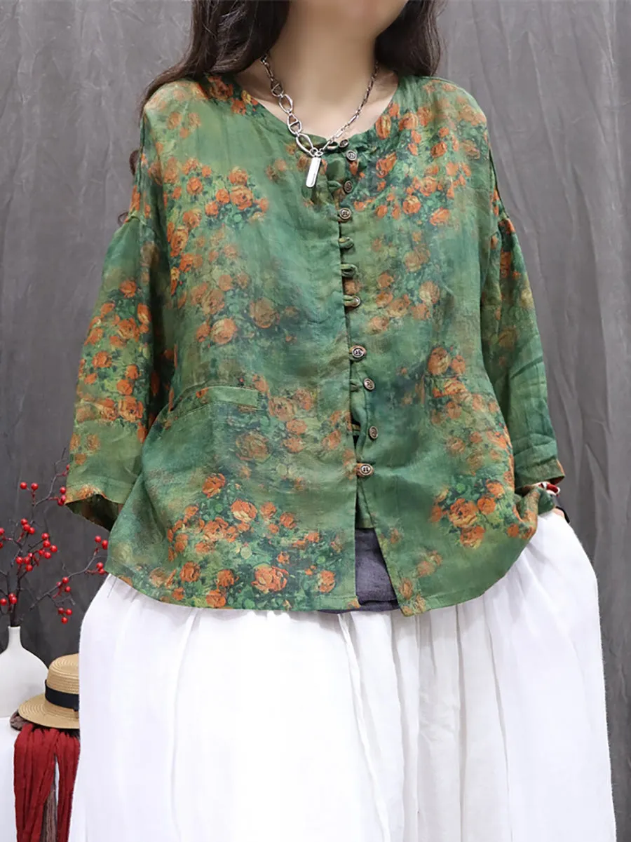 Women Spring Artsy O-Neck Flower 100%Ramie Shirt