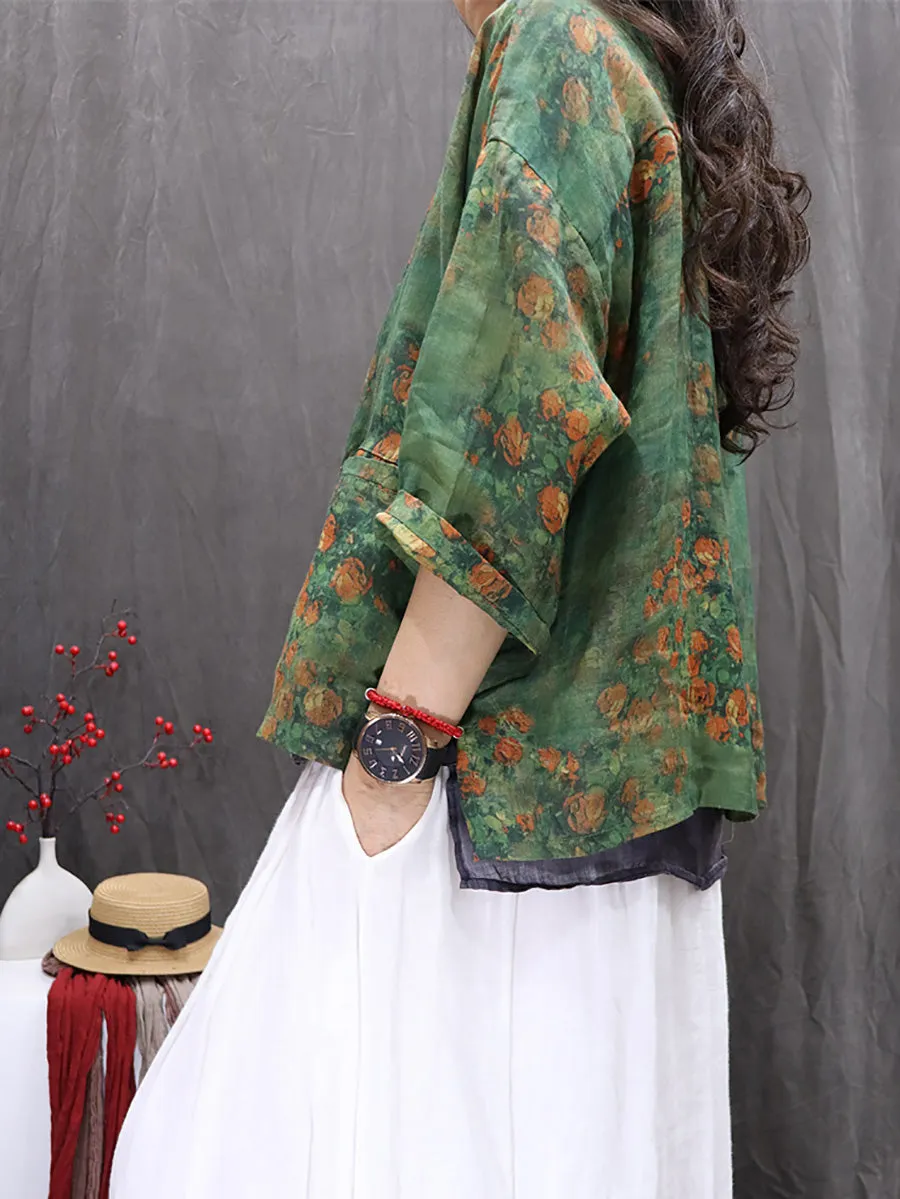 Women Spring Artsy O-Neck Flower 100%Ramie Shirt