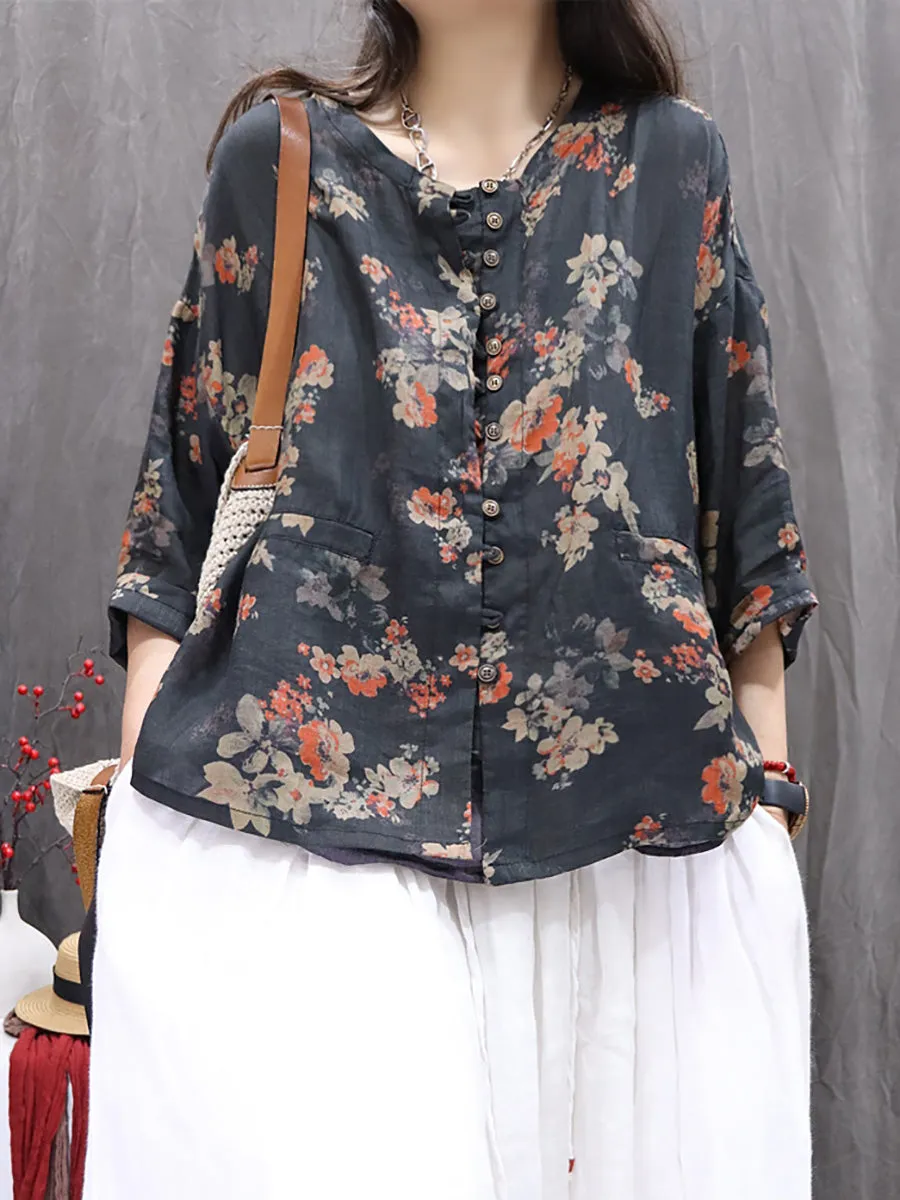 Women Spring Artsy O-Neck Flower 100%Ramie Shirt