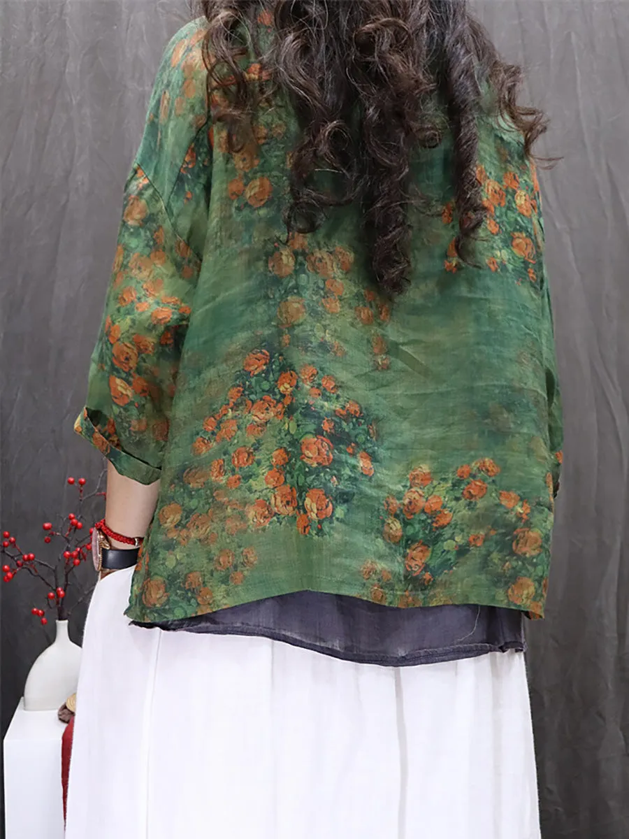 Women Spring Artsy O-Neck Flower 100%Ramie Shirt