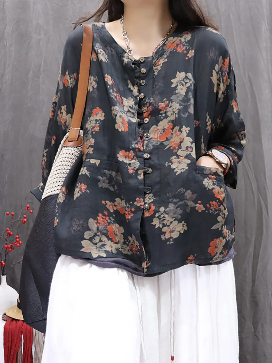 Women Spring Artsy O-Neck Flower 100%Ramie Shirt
