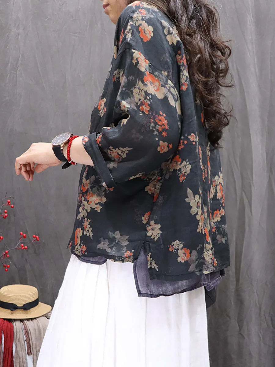 Women Spring Artsy O-Neck Flower 100%Ramie Shirt