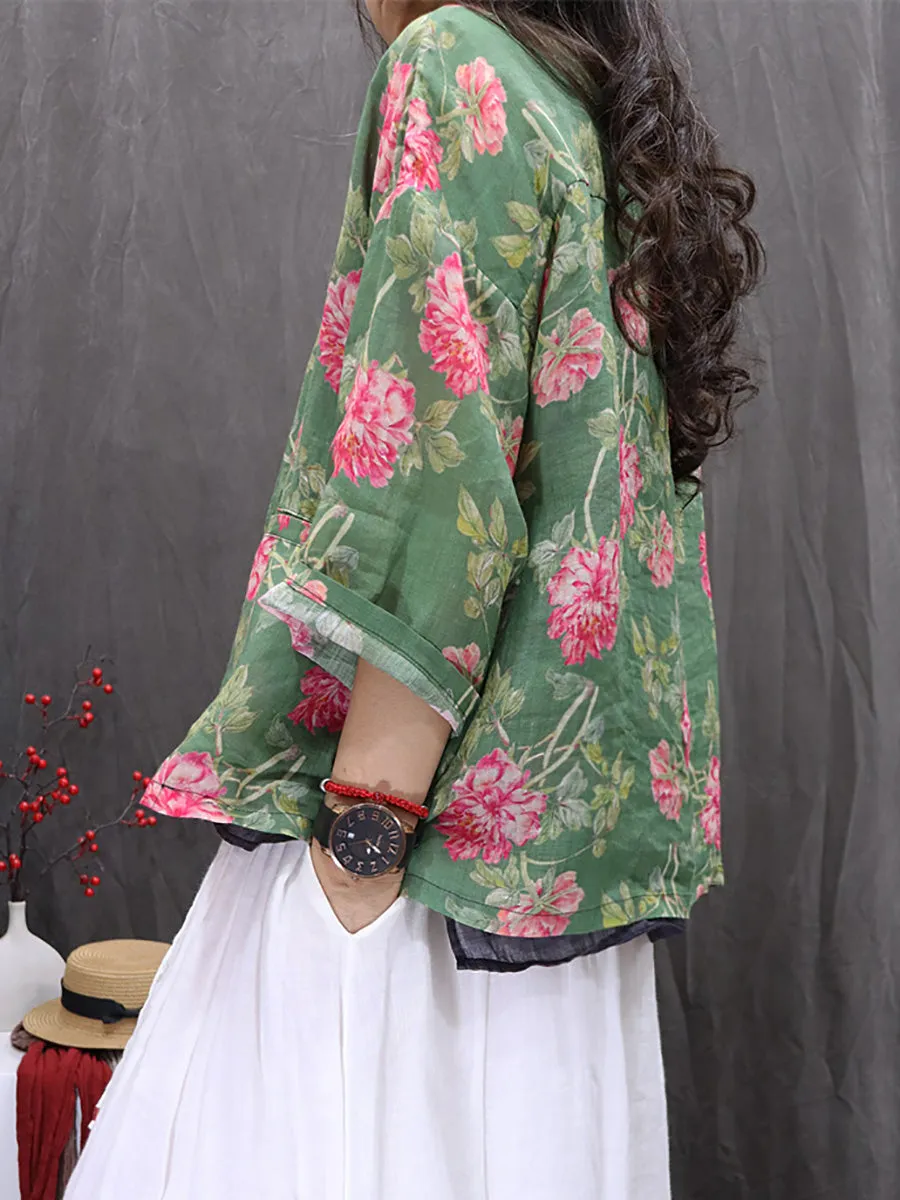 Women Spring Artsy O-Neck Flower 100%Ramie Shirt