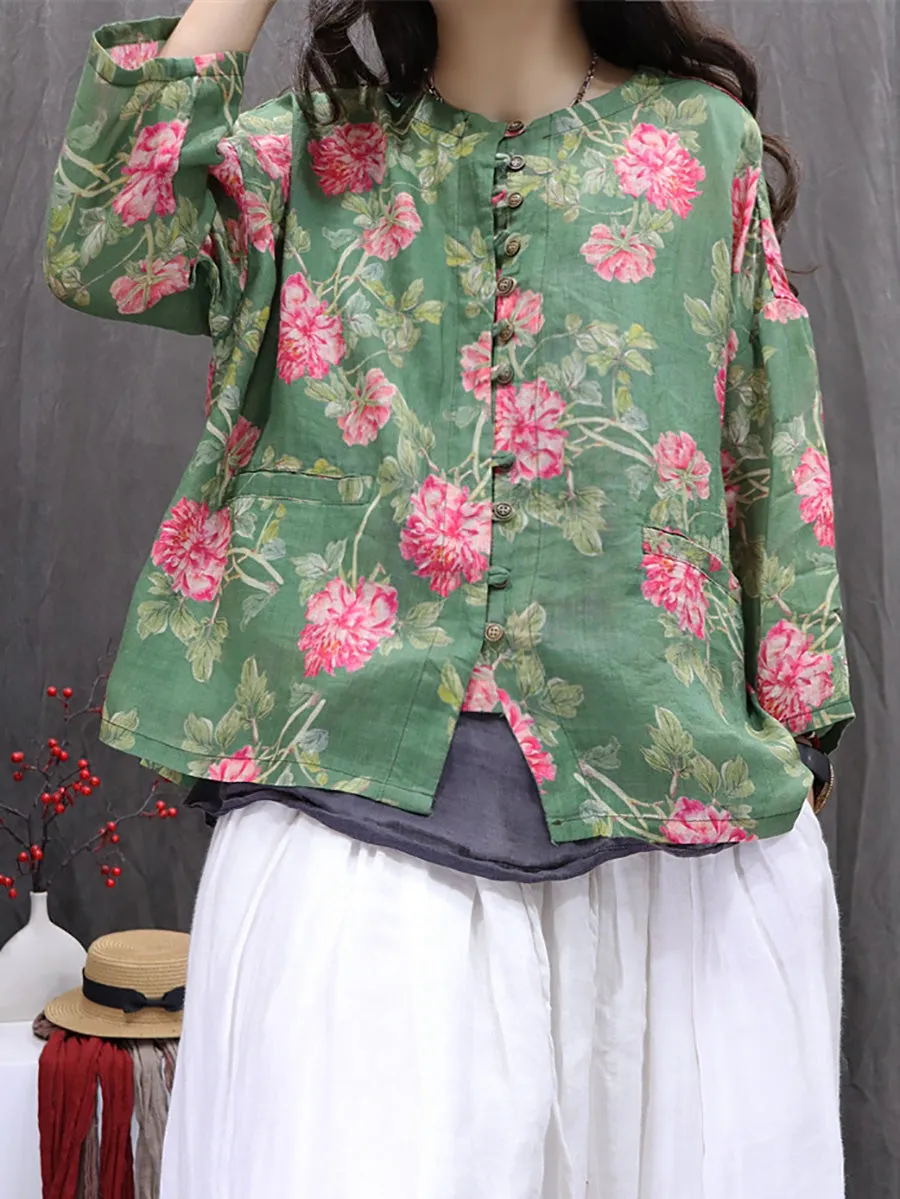 Women Spring Artsy O-Neck Flower 100%Ramie Shirt