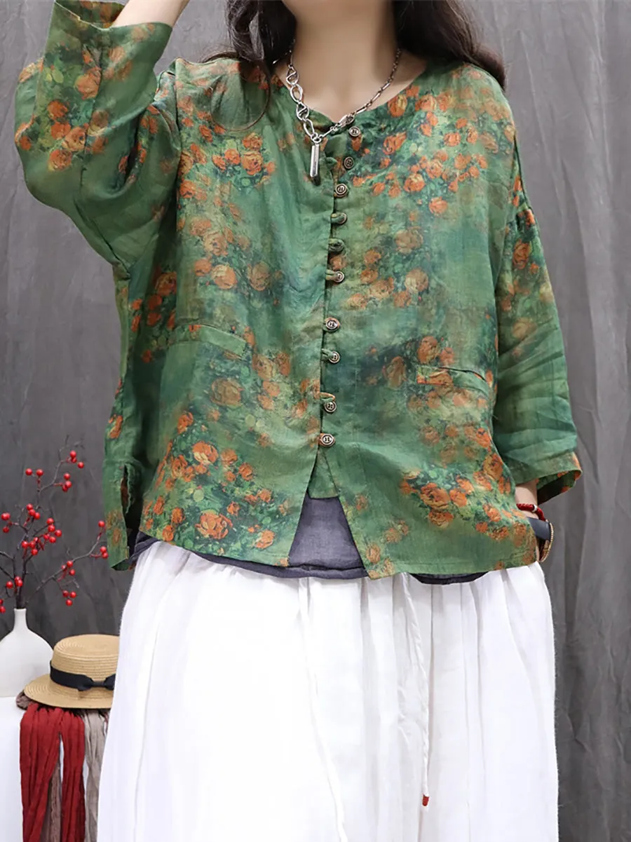 Women Spring Artsy O-Neck Flower 100%Ramie Shirt