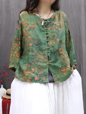 Women Spring Artsy O-Neck Flower 100%Ramie Shirt