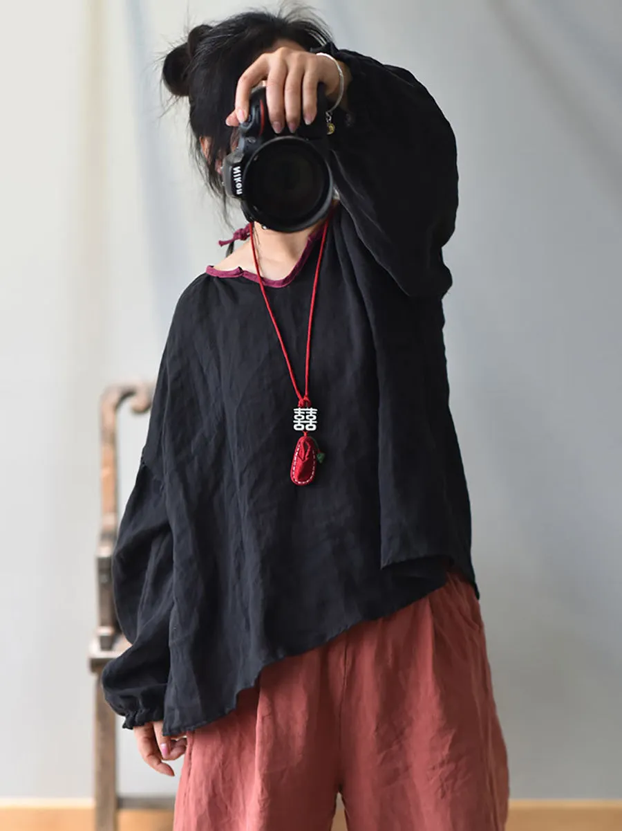 Women Spring Retro V-Neck Puff Sleeve Shirt