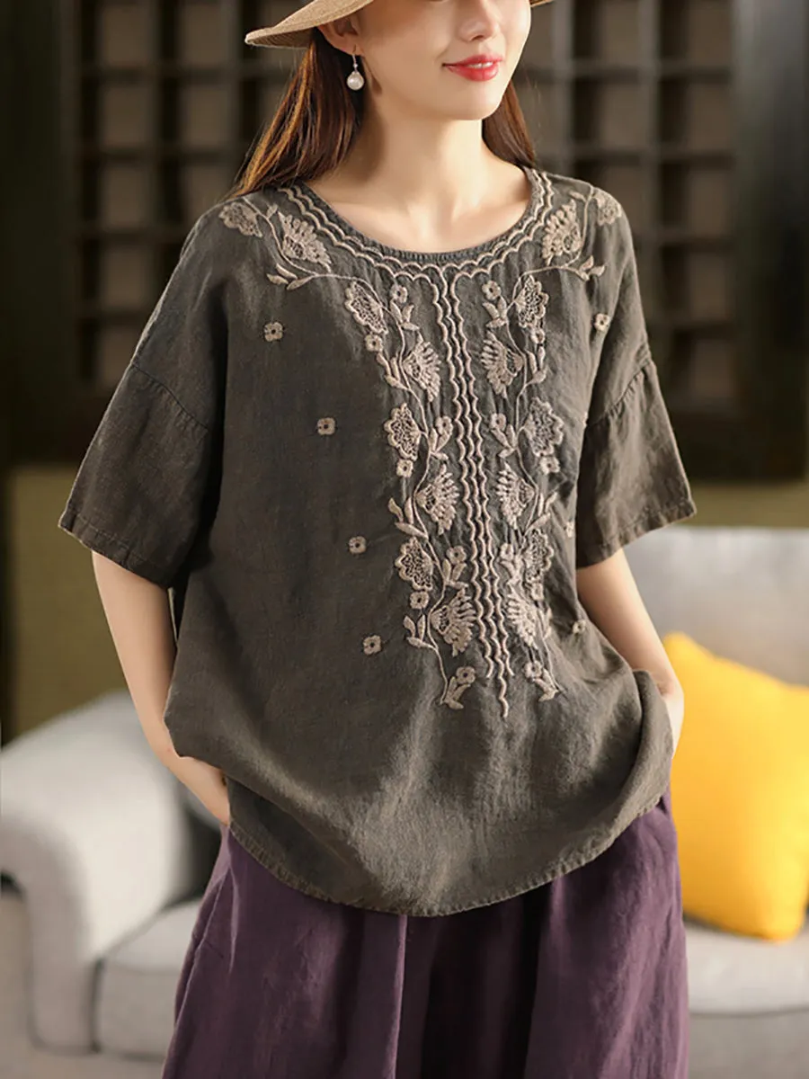 Women Summer Artsy Embroidery O-Neck 100%Linen Shirt