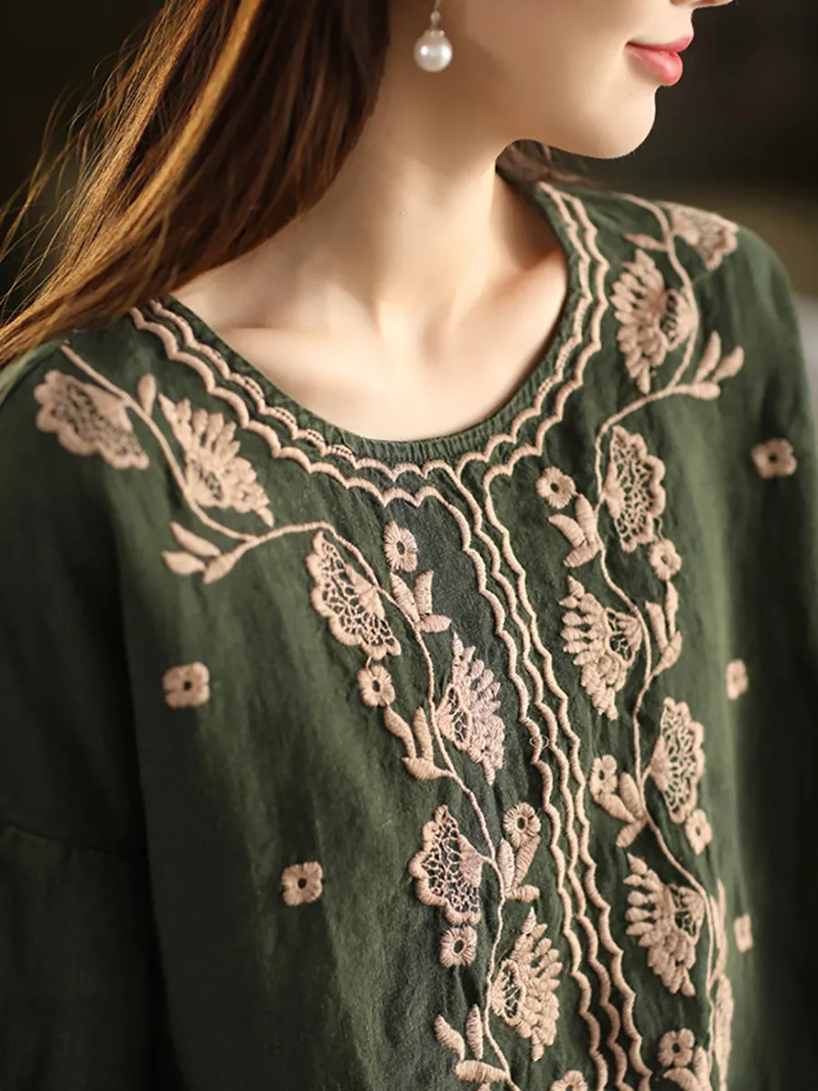 Women Summer Artsy Embroidery O-Neck 100%Linen Shirt