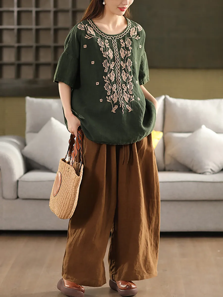 Women Summer Artsy Embroidery O-Neck 100%Linen Shirt