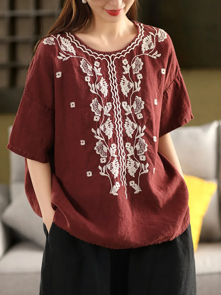 Women Summer Artsy Embroidery O-Neck 100%Linen Shirt