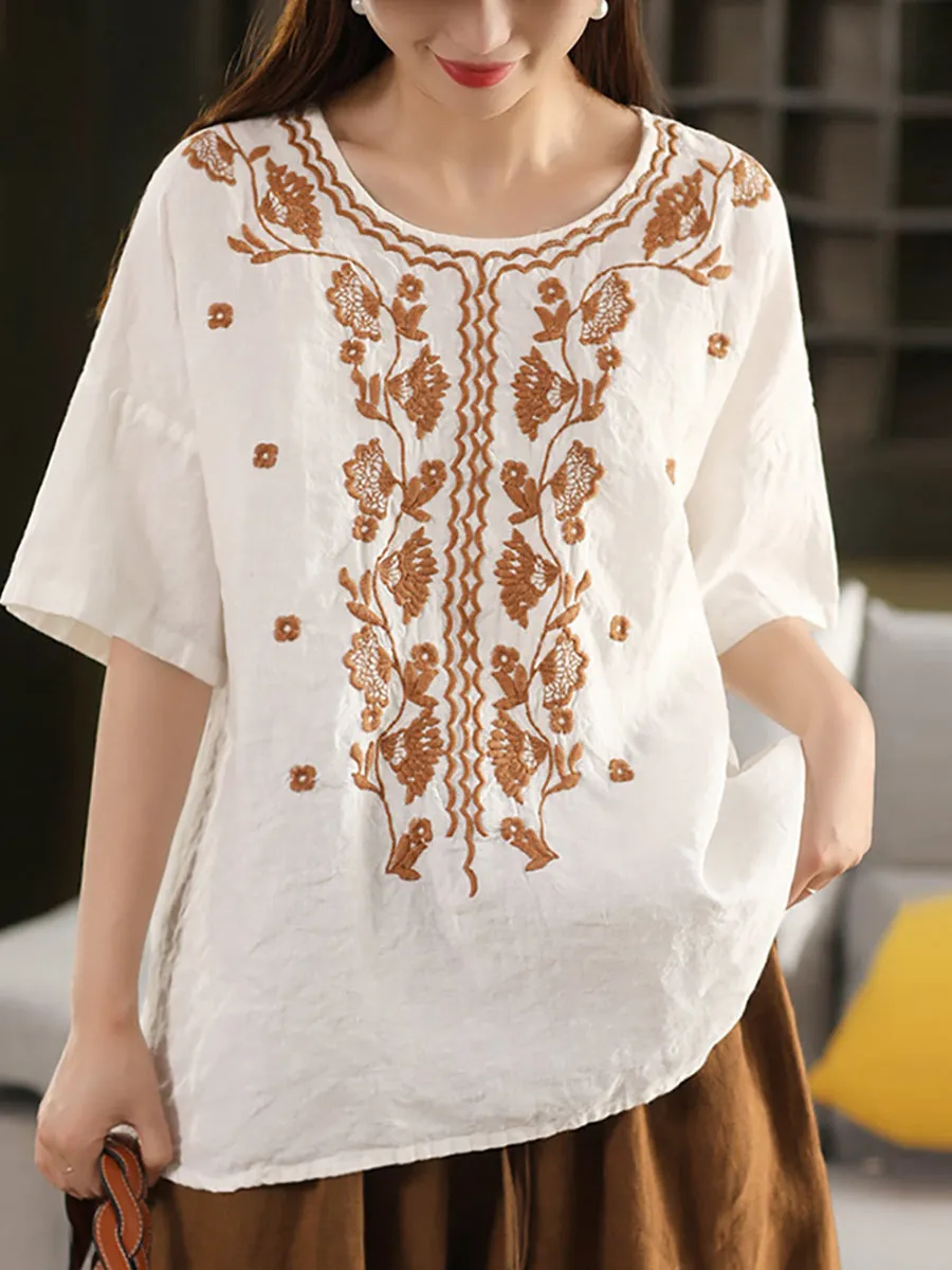 Women Summer Artsy Embroidery O-Neck 100%Linen Shirt