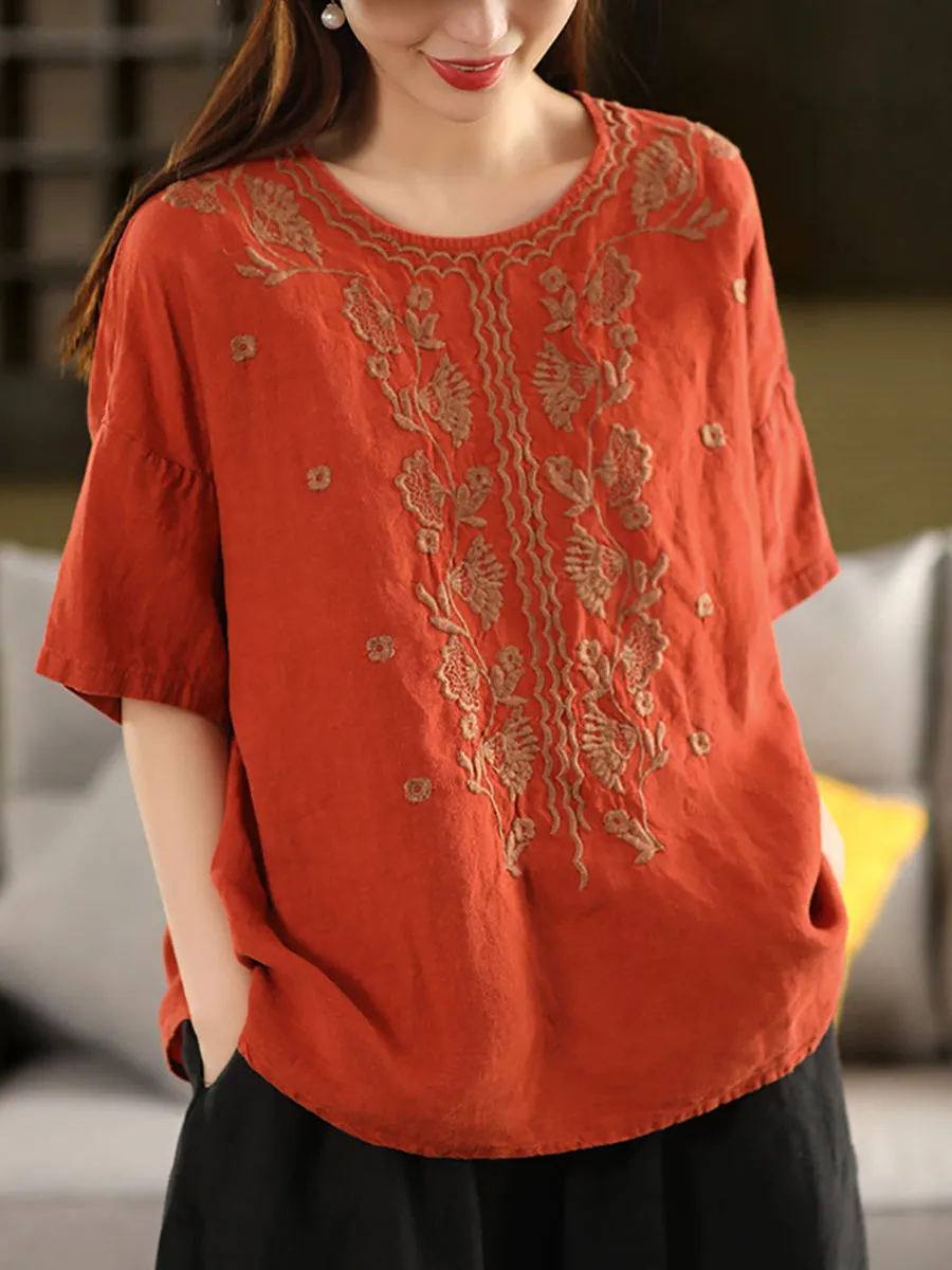 Women Summer Artsy Embroidery O-Neck 100%Linen Shirt