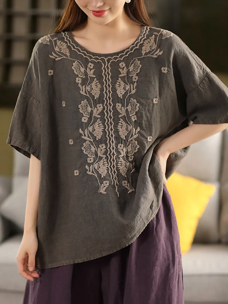 Women Summer Artsy Embroidery O-Neck 100%Linen Shirt