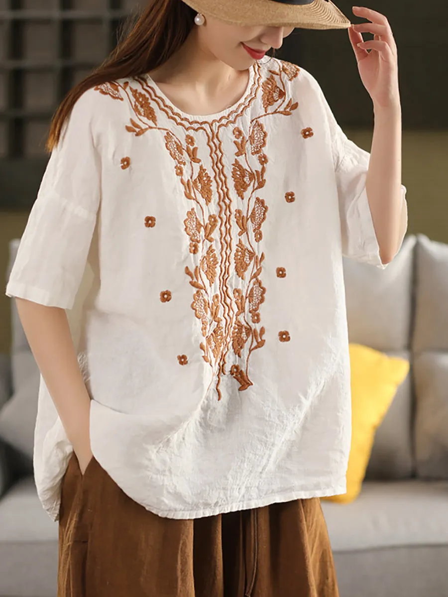 Women Summer Artsy Embroidery O-Neck 100%Linen Shirt