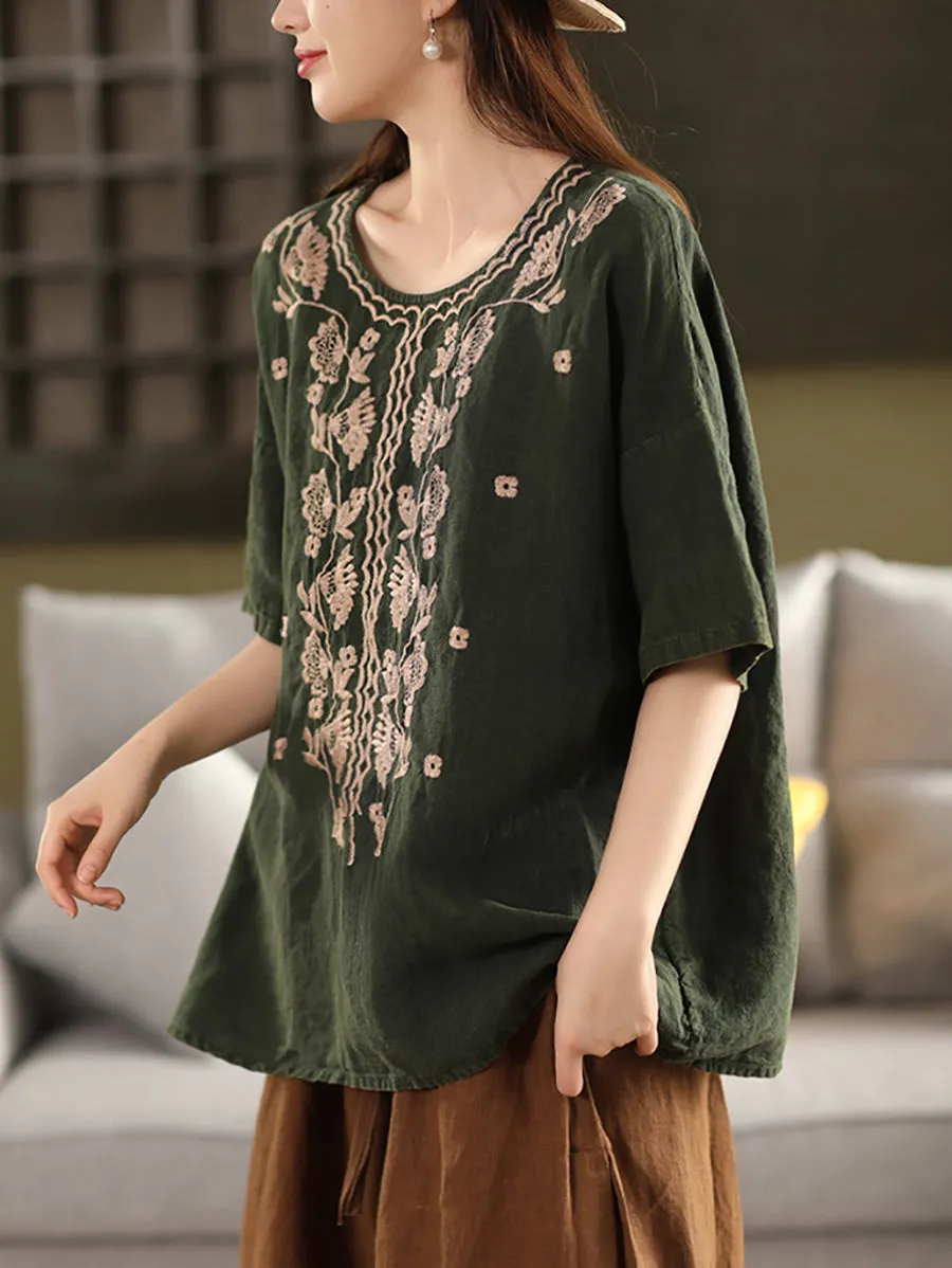 Women Summer Artsy Embroidery O-Neck 100%Linen Shirt