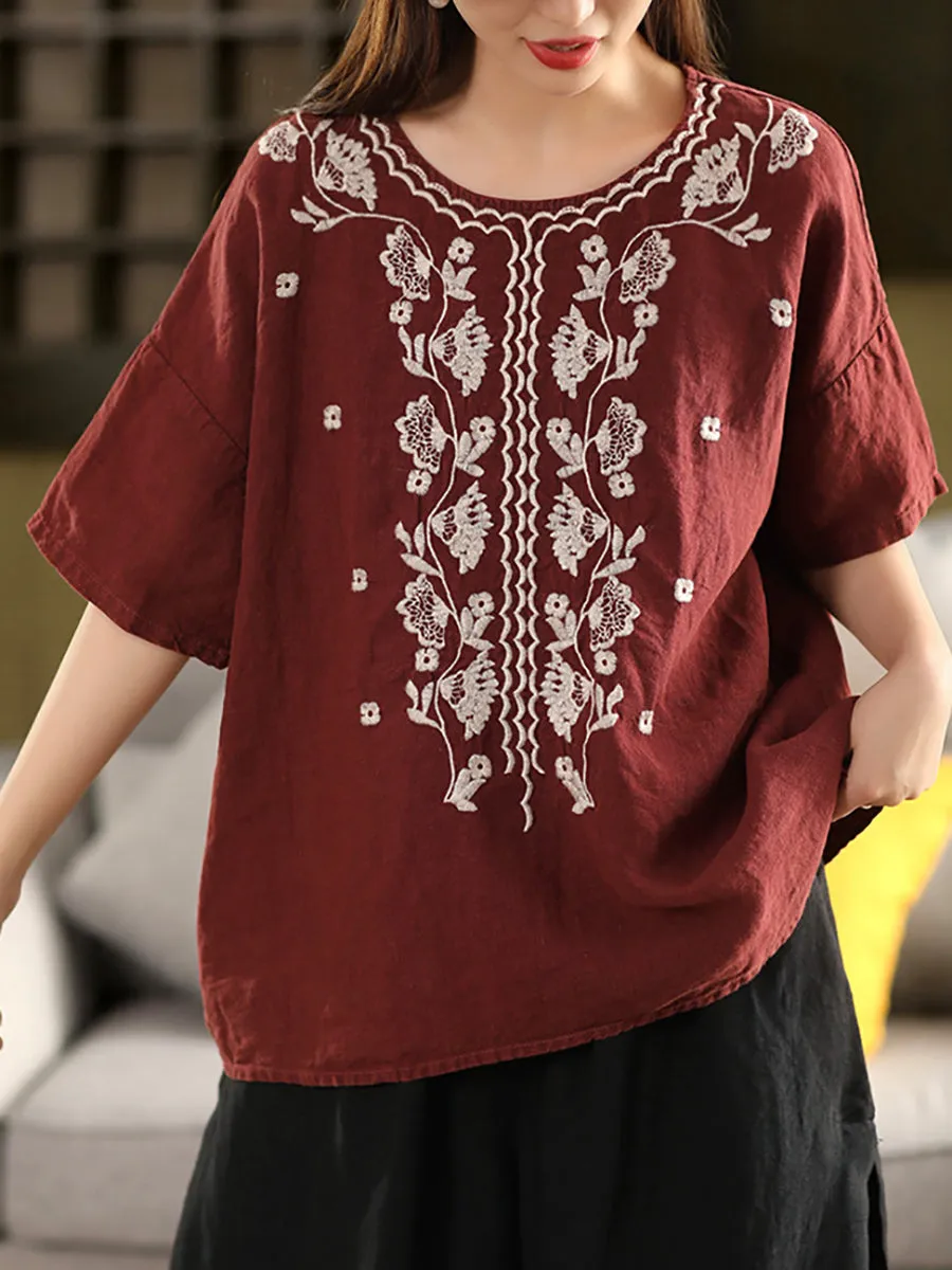 Women Summer Artsy Embroidery O-Neck 100%Linen Shirt